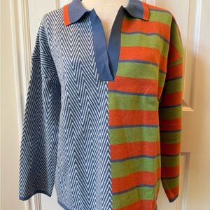 Colorful Striped and Chevron Patterned Polo Sweater